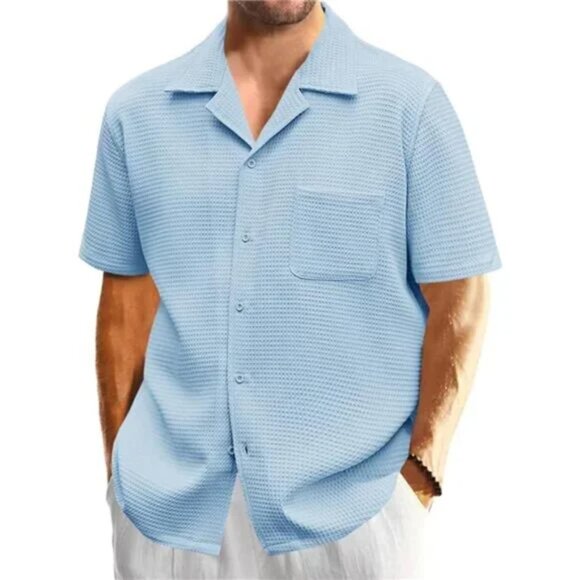 New Mens Waffle Button Down Shirt Light Blue Cuban Loose Fit Short Sleeve Top - Picture 2 of 6